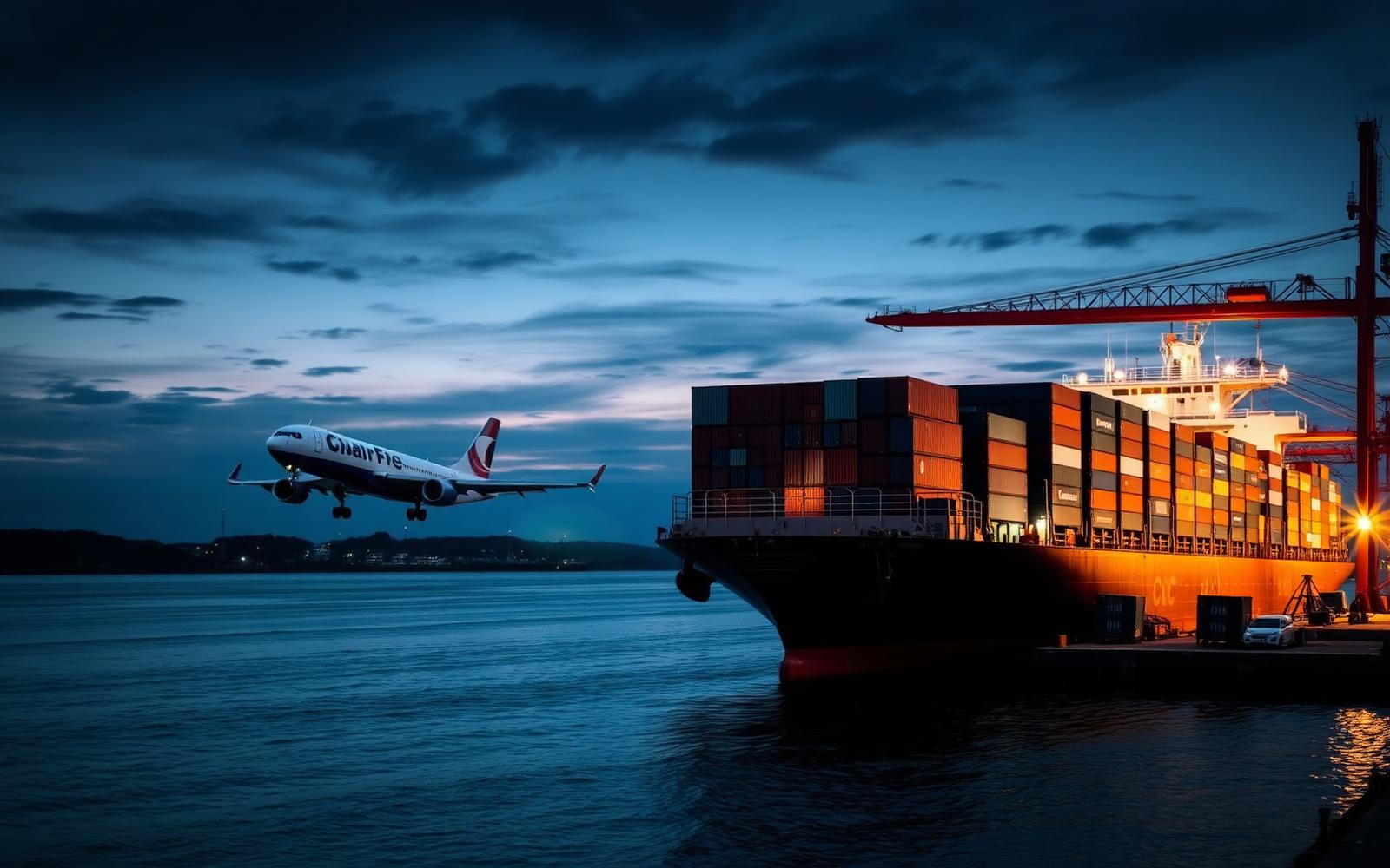 Containerschiff und Frachtflugzeug am Hafen